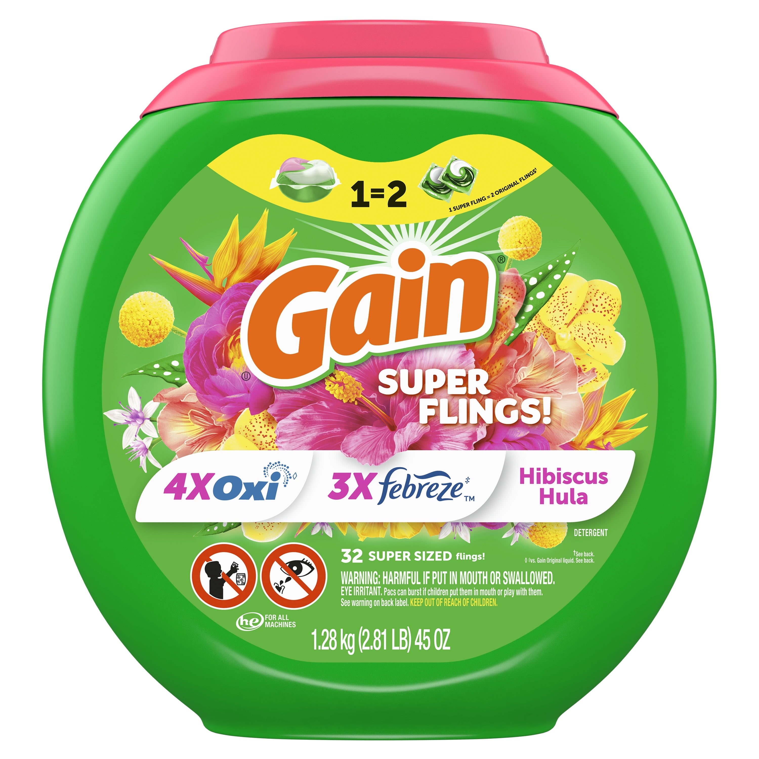 Gain Plus Flings Laundry Detergent Soap Pacs, All-In-One, Happy Hibiscus Scent, 32 Count