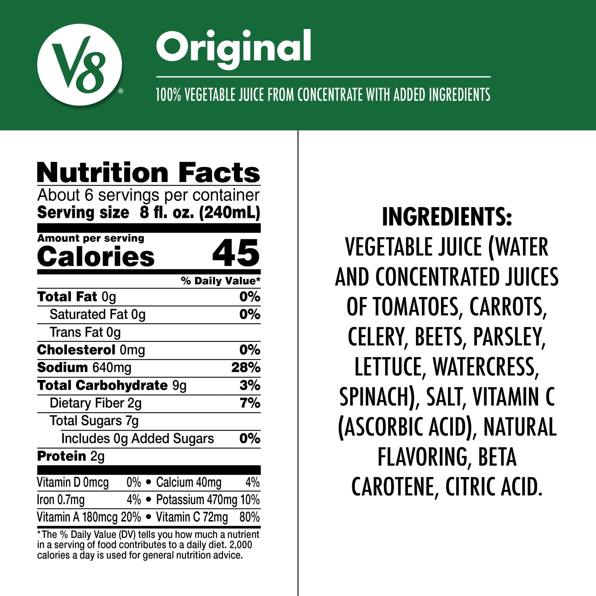 V8 Original 100% Vegetable Juice, 46 fl oz Bottle