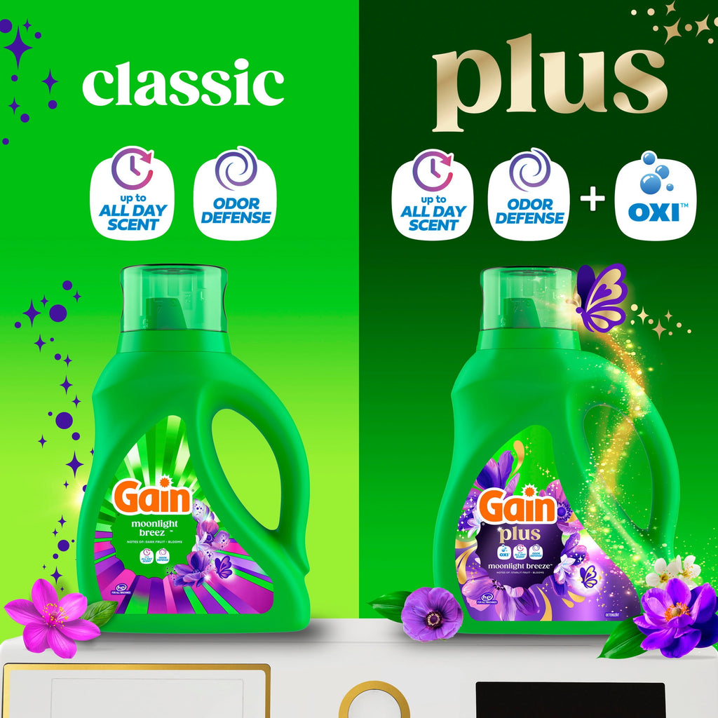 Gain Plus Liquid Laundry Detergent, Now with Odor Defense + OXI, Moonlight Breeze Scent, 99 fl oz, 75 Loads