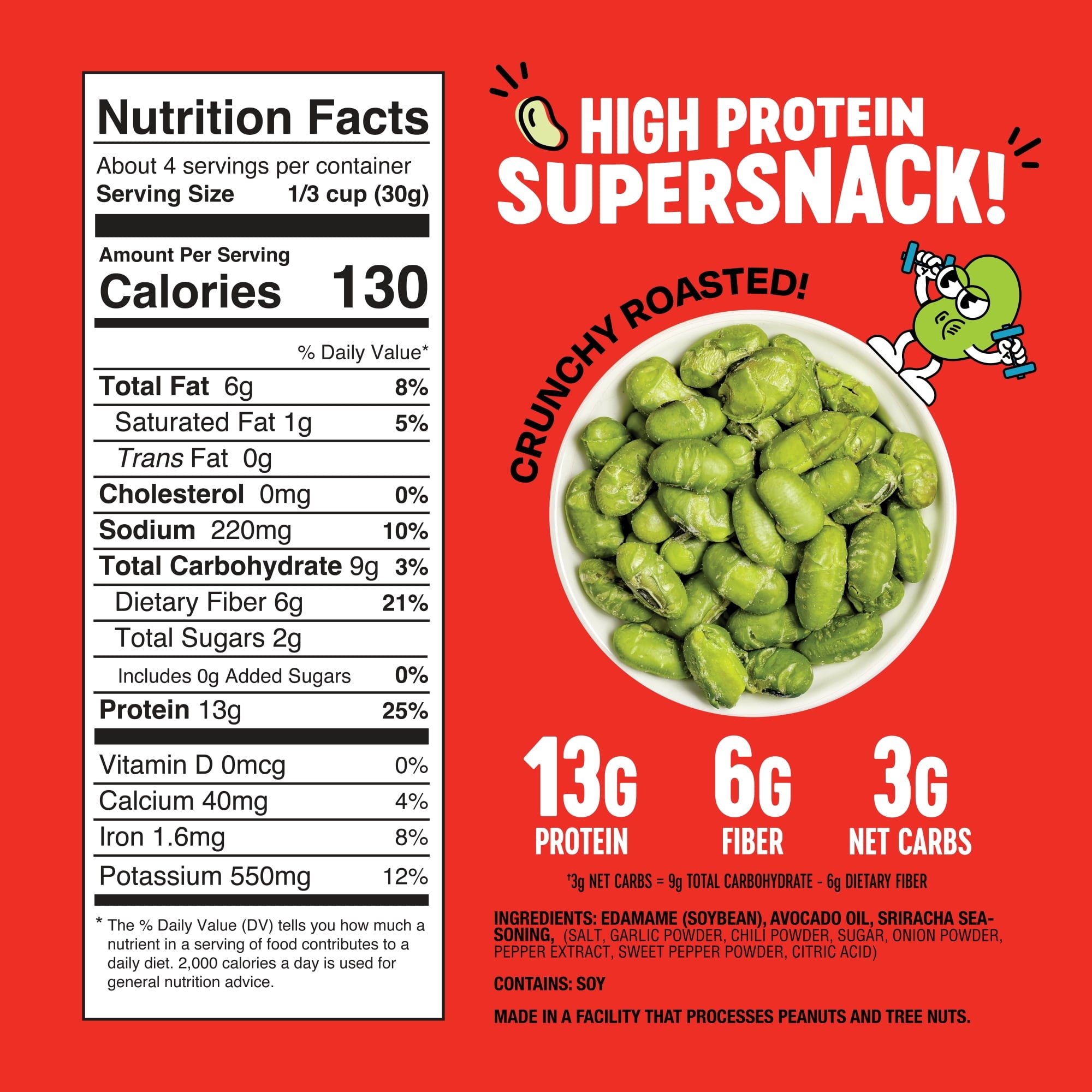The Only Bean Crunchy Roasted Edamame Snack (Sriracha), High Protein Snacks (13g) Healthy Protein Chips, Keto Friendly Food (2g Net), Plant-Based Vegan Snacks, Office Snacks, Spicy Snack, 4oz 3 Pack