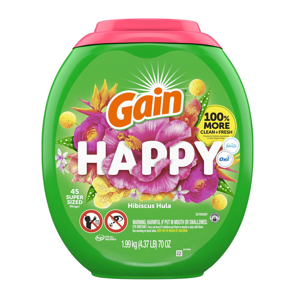 Gain Super Sized Flings Laundry Detergent Pacs, 3-in-1 Detergent Pacs with Febreze and Oxi, Happy Scent, 45 Count