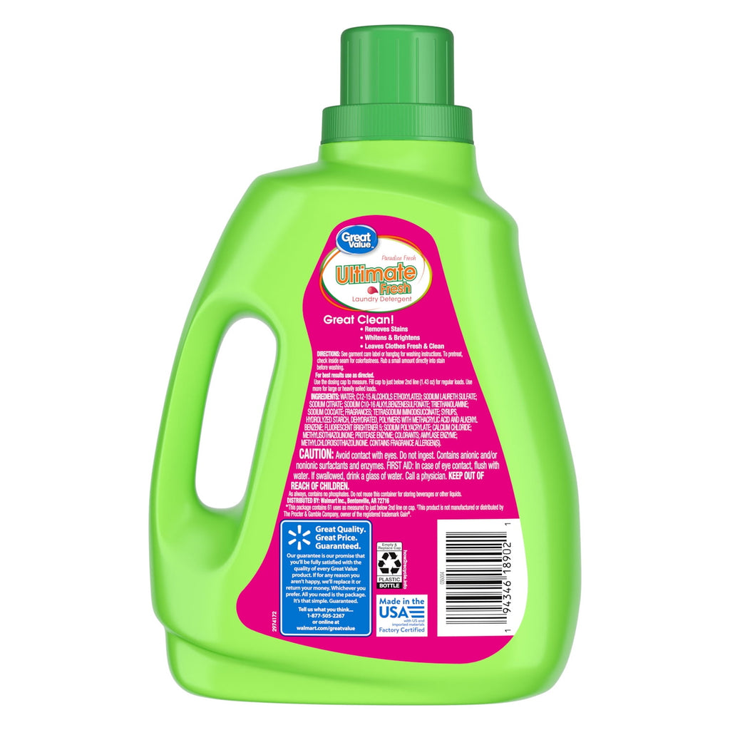 Great Value Ultimate Fresh Laundry Detergent, Paradise Fresh, 88 fl oz