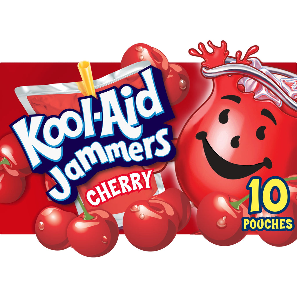 Kool-Aid Jammers Artificially Flavored Drink, 10 Pouches, for School Lunches and On-the-Go Hydration, Cherry Flavor, Excellent Source of Vitamin C, 6 fl oz