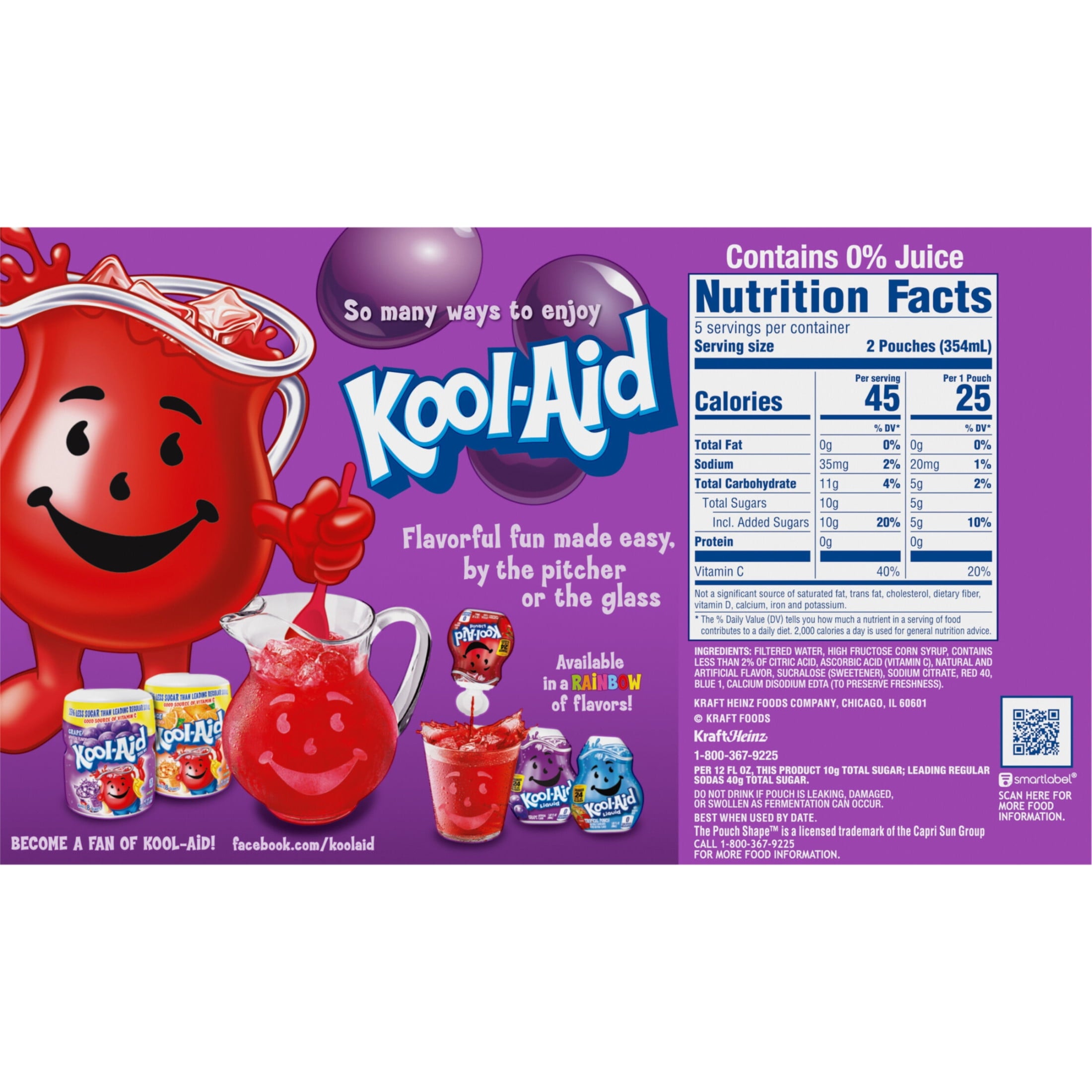 Kool-Aid Jammers Artificially Flavored Drink, 10 Pouches, for School Lunches and On-the-Go Hydration, Grape Flavor, Excellent Source of Vitamin C, 6 fl oz