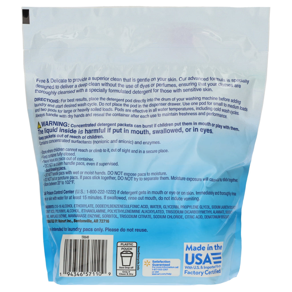 Great Value Free & Delicate Ultra Laundry Detergent Pods, Unscented, 102 Count