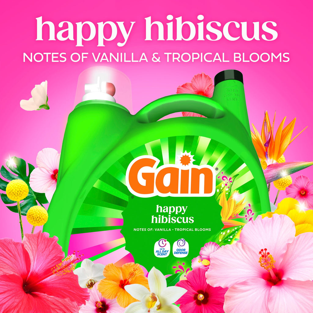 Gain Laundry Detergent Liquid, Now with Odor Defense, Happy Hibiscus Scent, 132 fl oz, 100 Loads