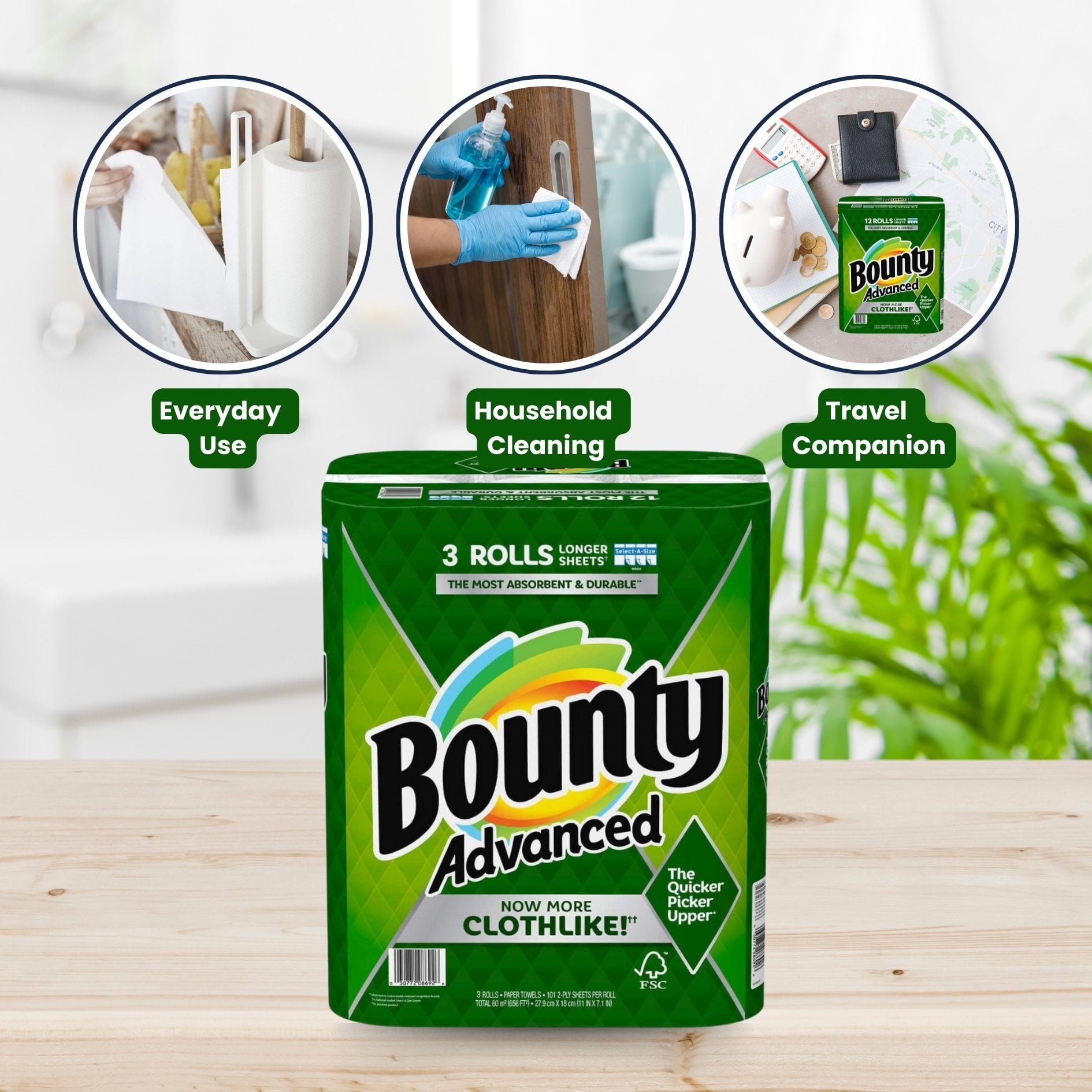 Bounty Advanced 2-Ply Paper Towel - Absorbent, Durable, and Clothlike - Select-A-Size - 3 Rolls
