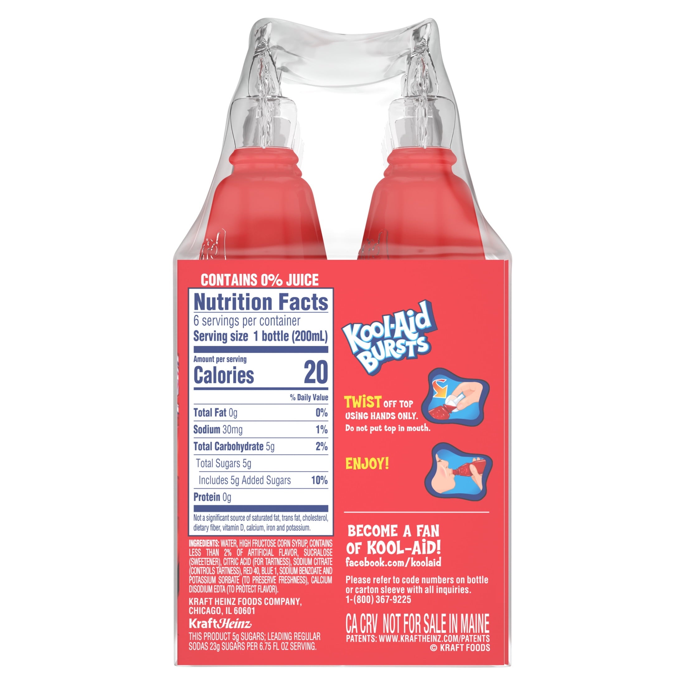 Kool-Aid Bursts Soft Drink, 6 Bottles, for School Lunches and On-the-Go Hydration, artificial flavor Cherry, Caffeine Free, 6.75 oz
