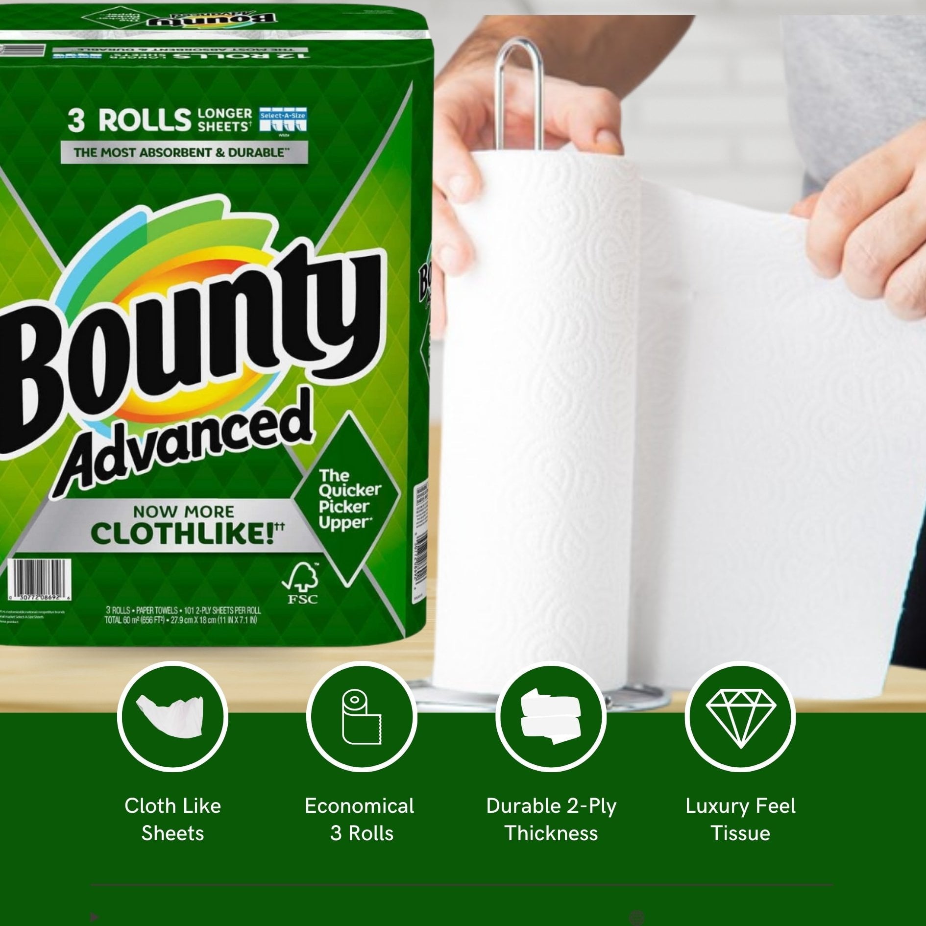 Bounty Advanced 2-Ply Paper Towel - Absorbent, Durable, and Clothlike - Select-A-Size - 3 Rolls