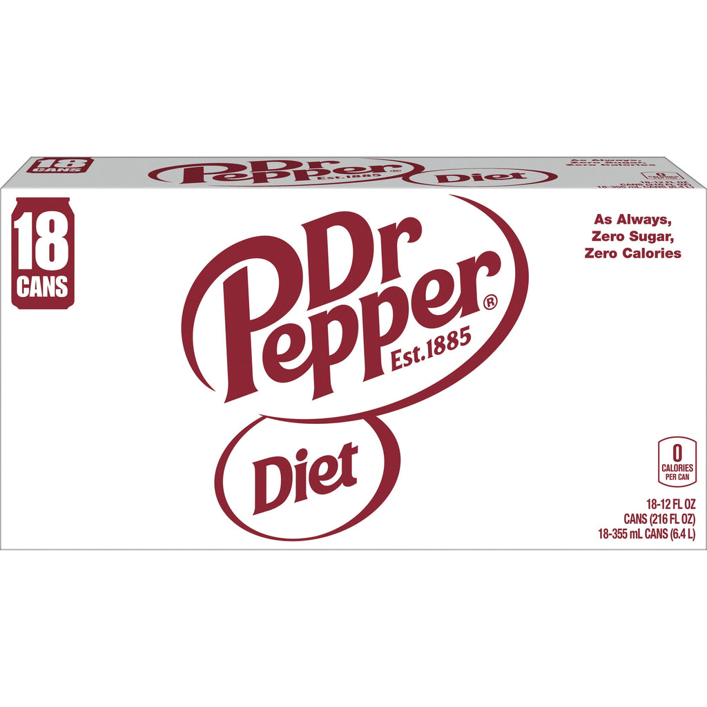 Diet Dr Pepper Soda Pop, 12 fl oz cans, 18 pack
