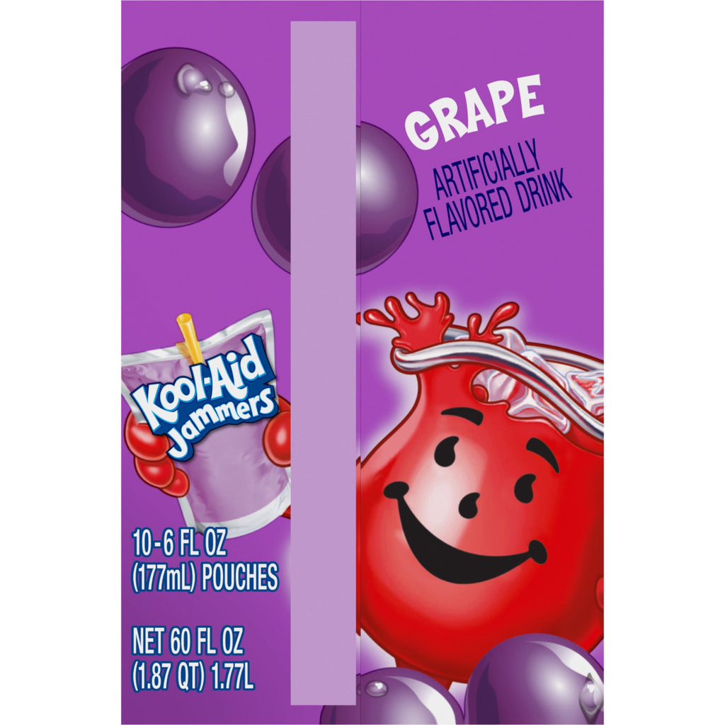 Kool-Aid Jammers Artificially Flavored Drink, 10 Pouches, for School Lunches and On-the-Go Hydration, Grape Flavor, Excellent Source of Vitamin C, 6 fl oz