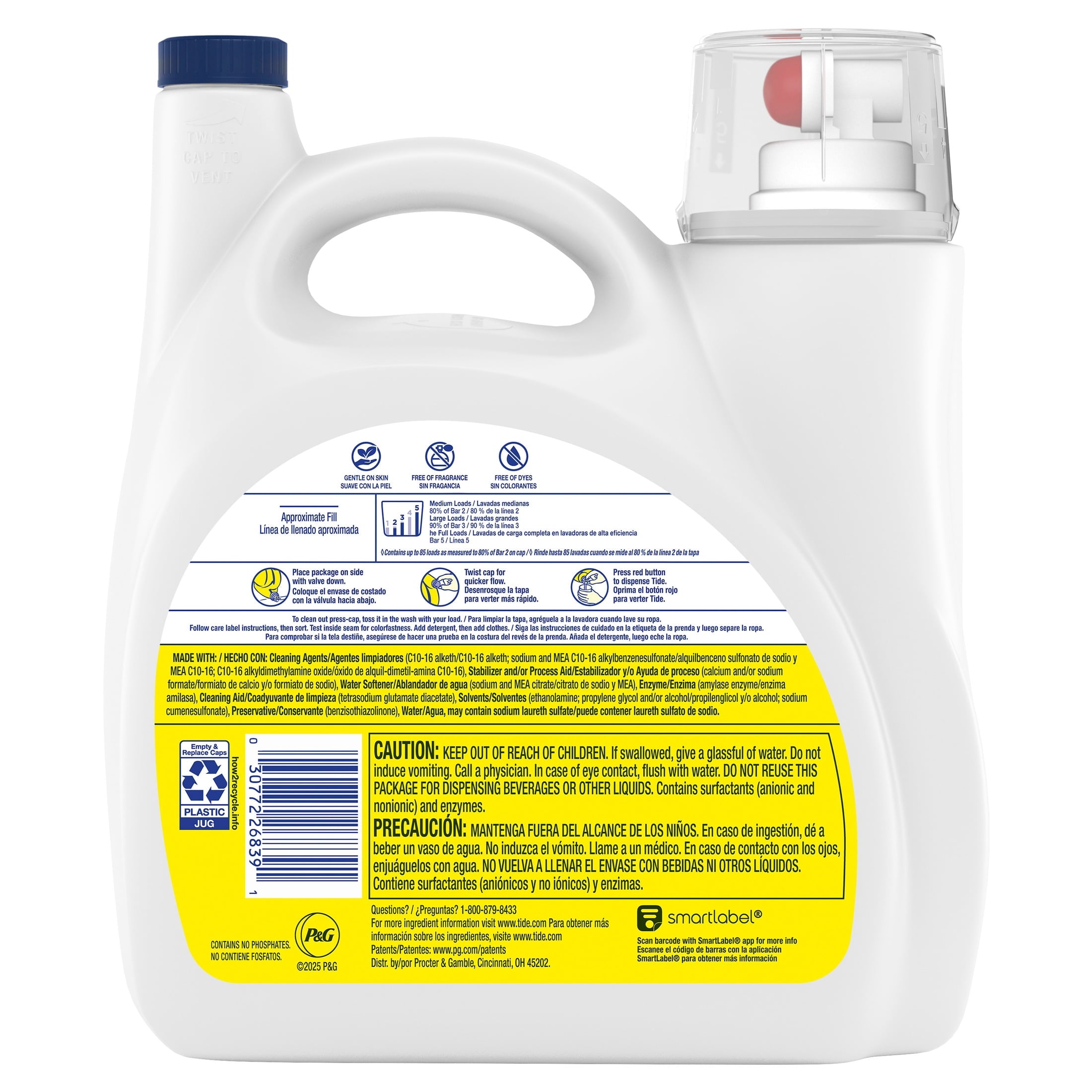 Tide Simply Liquid Laundry Detergent, Free & Sensitive, 85 Loads, 107 fl oz