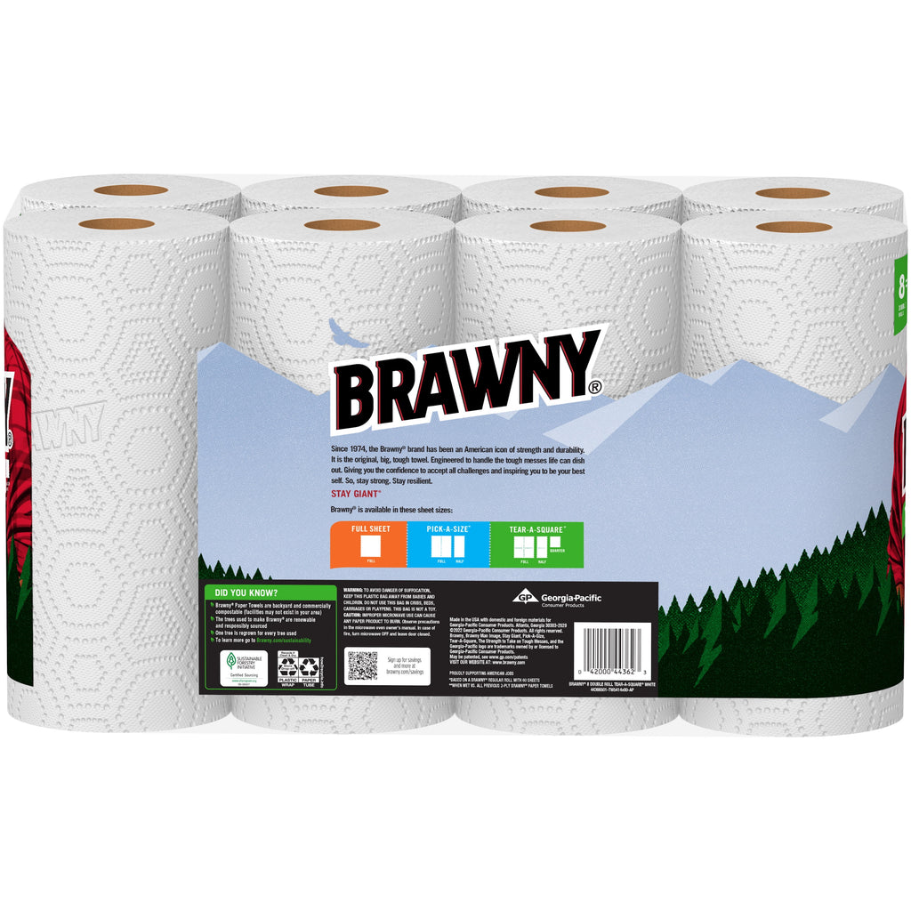 Brawny Tear-a-Square Paper Towels, White, 3 Sheet Sizes, 8 Double Rolls