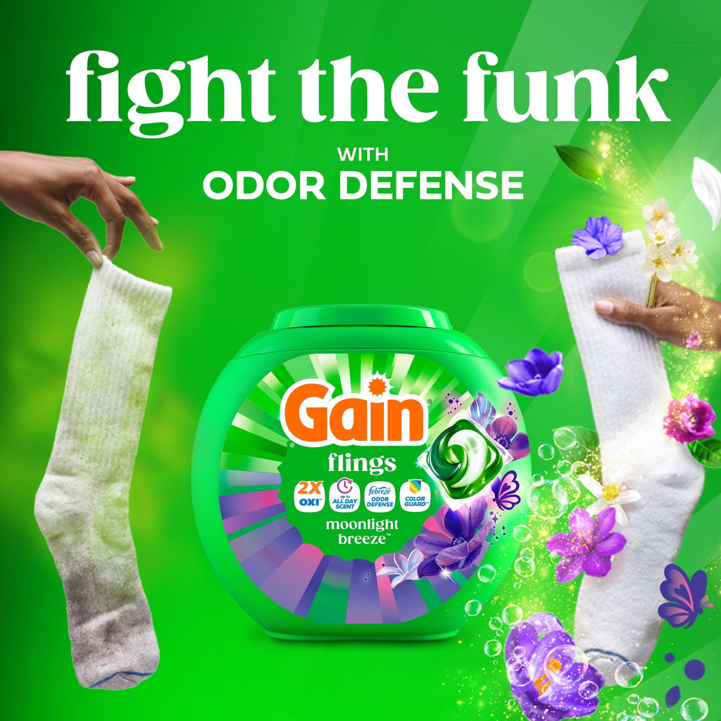 Gain Flings Laundry Detergent Soap Pacs, 4-in-1 Oxi Boost and Febreze, Moonlight Breeze Scent, 76 Count