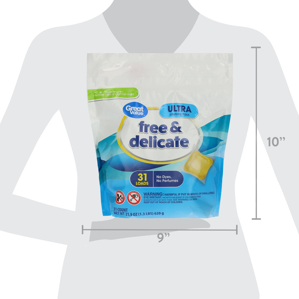 Great Value Free & Delicate Ultra Laundry Detergent Pods, Unscented, 102 Count