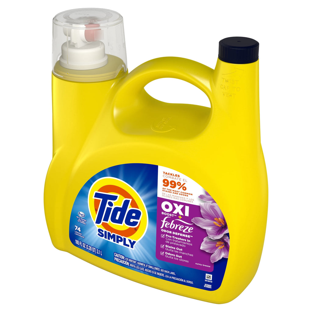 Tide Simply Laundry Detergent Liquid, Oxi Boost + Febreze Odor Defense, Sunny Breeze Scent, 129 fl oz, 96 Loads