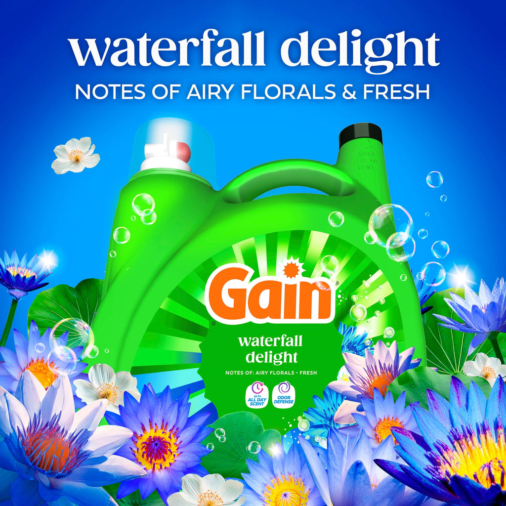 Gain Laundry Detergent Liquid, Now with Odor Defense, Waterfall Delight Scent, 132 fl oz, 100 Loads