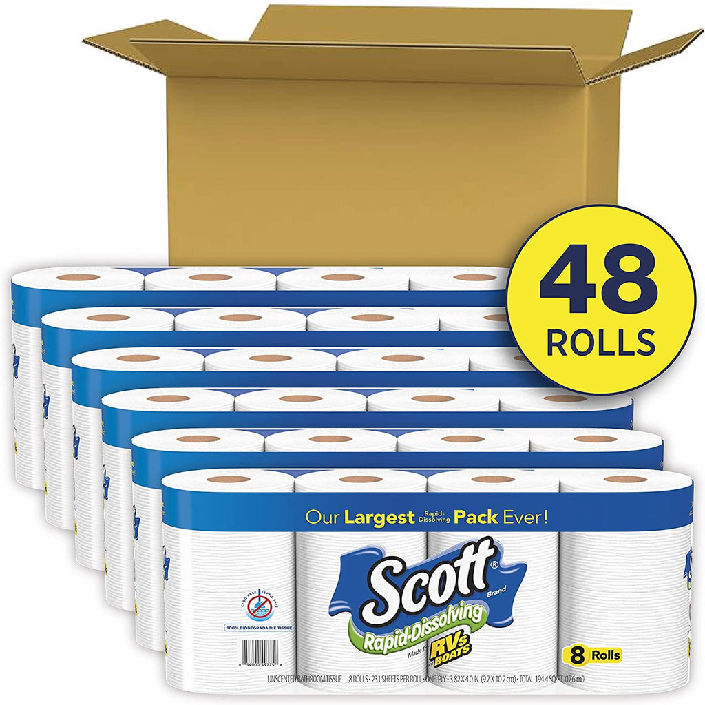 Scott Rapid-Dissolving Toilet Paper for RVs & Boats, 48 Double Rolls (6 Packs of 8 Rolls)