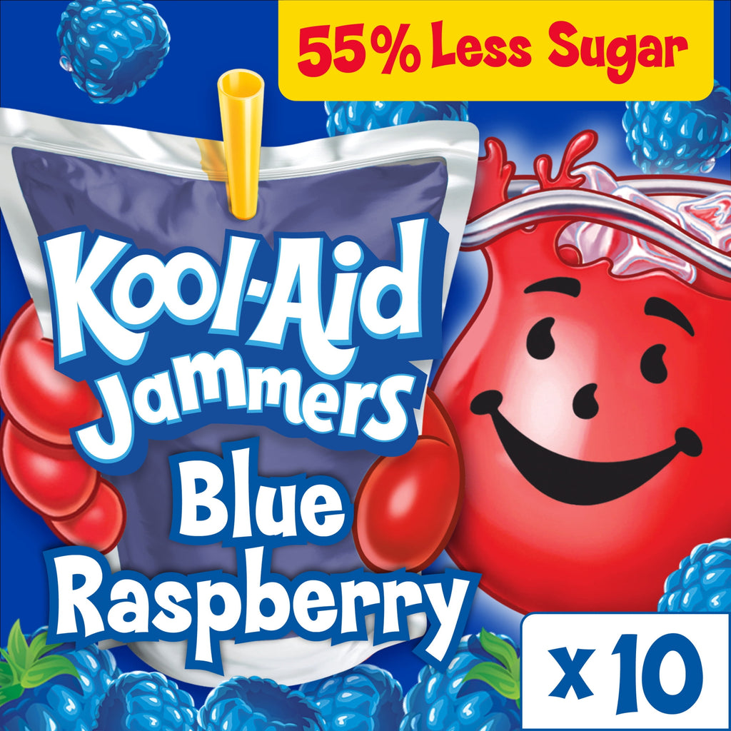 Kool-Aid Jammers Artificially Flavored Drink, 10 Pouches, for School Lunches and On-the-Go Hydration, Blue Raspberry Flavor, Excellent Source of Vitamin C, 6 fl oz