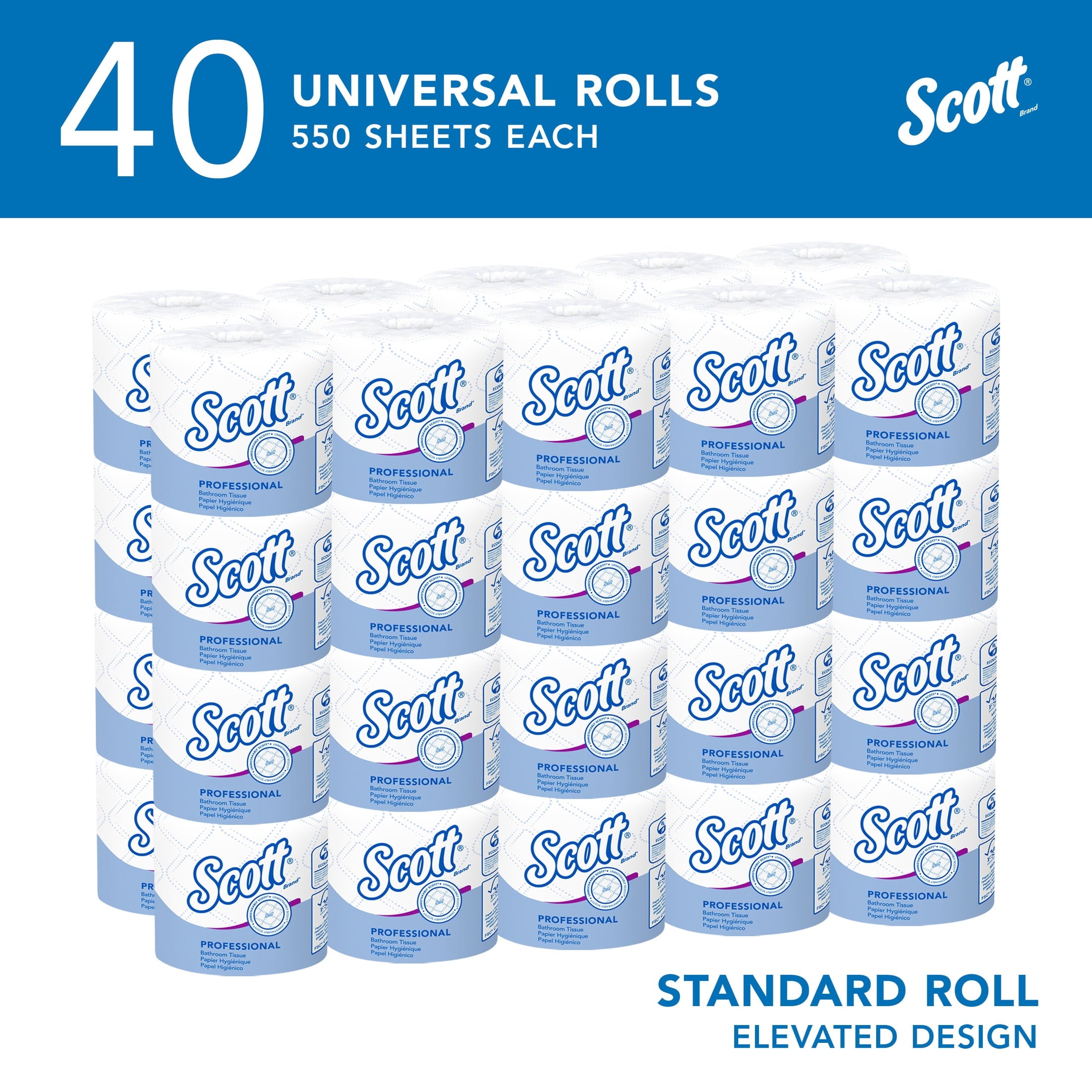 Scott Professional Standard Roll Toilet Paper, Bulk (48040), 2-Ply, Elevated Design, White, Individually Wrapped (40 Rolls of 550 Sheets, 22,000 Sheet Total)