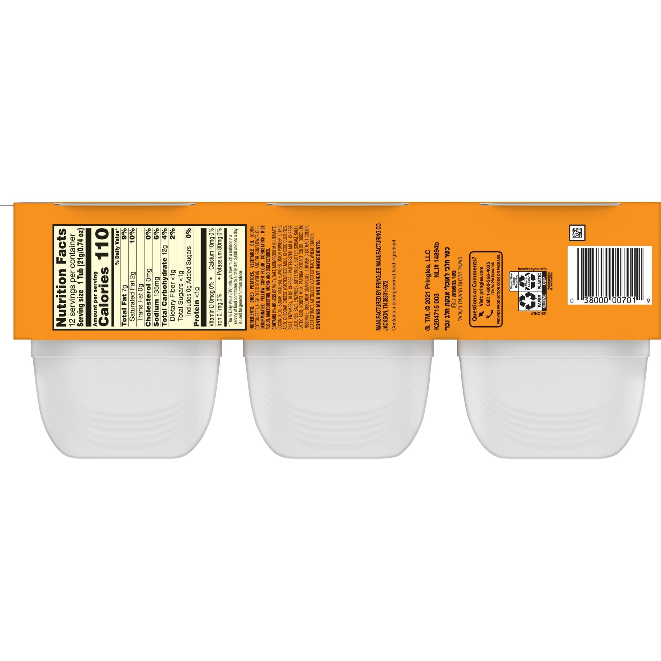 Pringles Potato Crisps Chips, Lunch Snacks, Snack Cups, Cheddar Cheese, 8.8oz Tray (12 Cups)