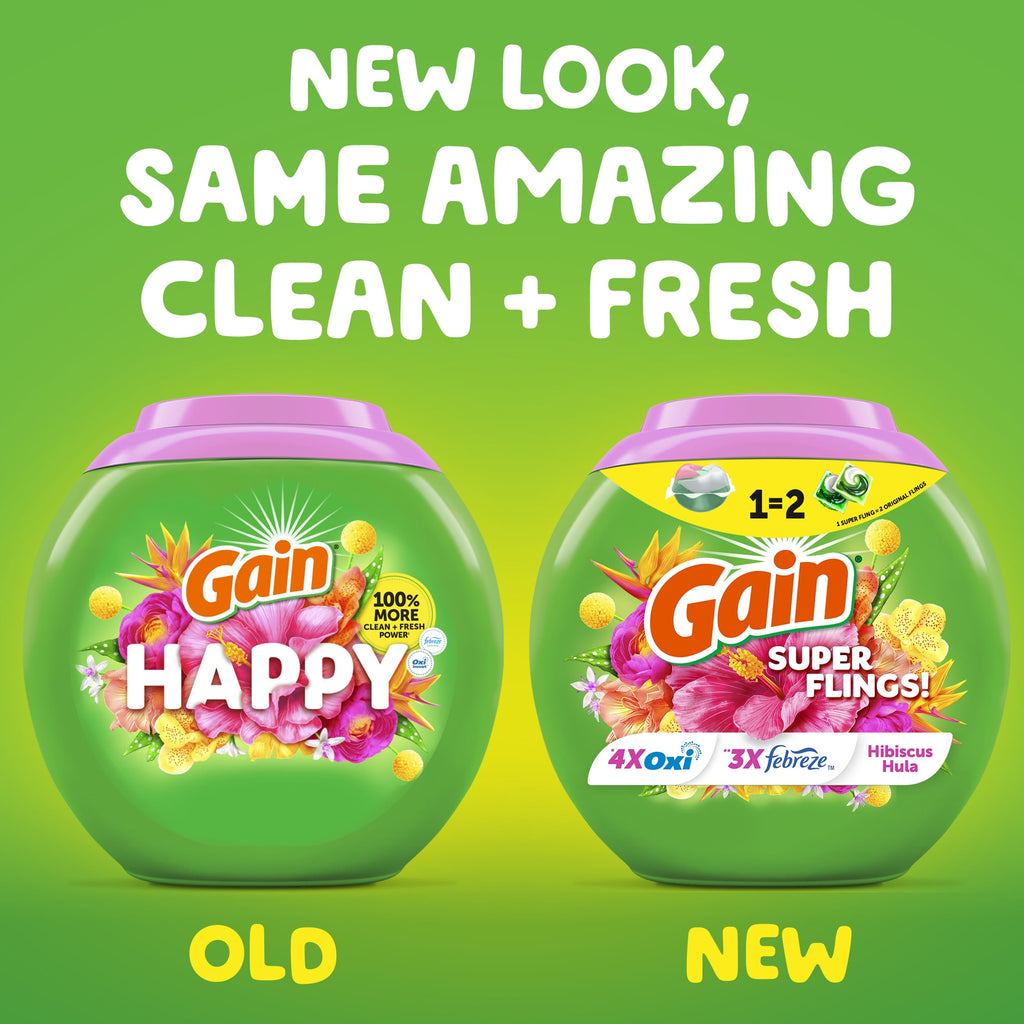 Gain Plus Flings Laundry Detergent Soap Pacs, All-In-One, Happy Hibiscus Scent, 32 Count