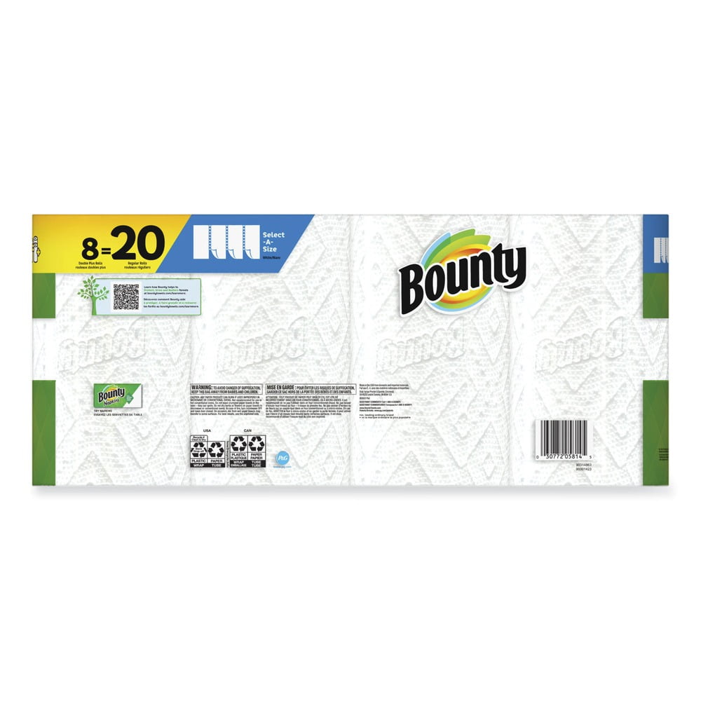 Bounty® Select-a-Size Kitchen Roll Paper Towels, 2-Ply, 5.9 x 11, White, 113 Sheets/Double Plus Roll, 8 Rolls/Pack