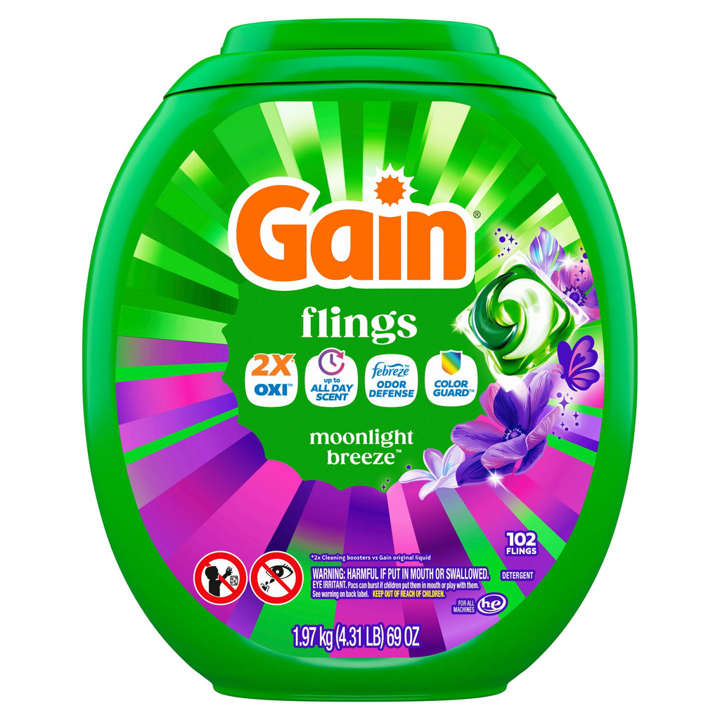 Gain Flings Laundry Detergent Soap Pacs, 4-in-1 Oxi Boost and Febreze, Moonlight Breeze Scent, 102 Count