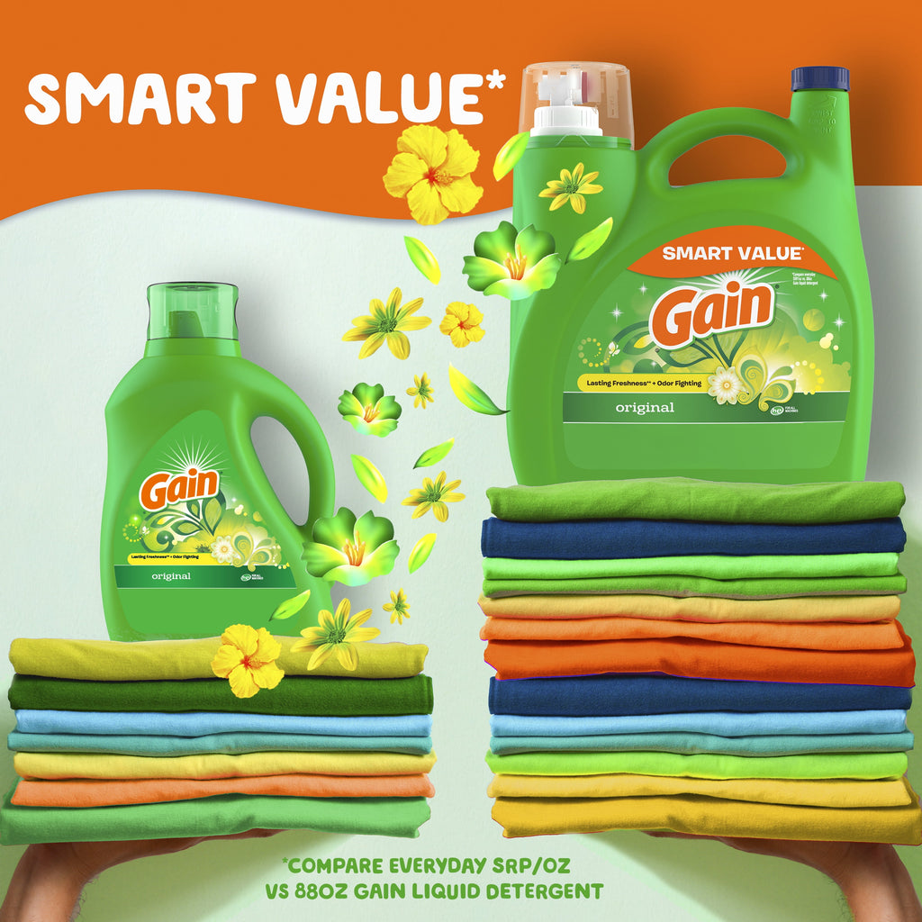 Gain Laundry Detergent Liquid with Odor Fighters, Original Scent, 88 fl oz, 61 Loads