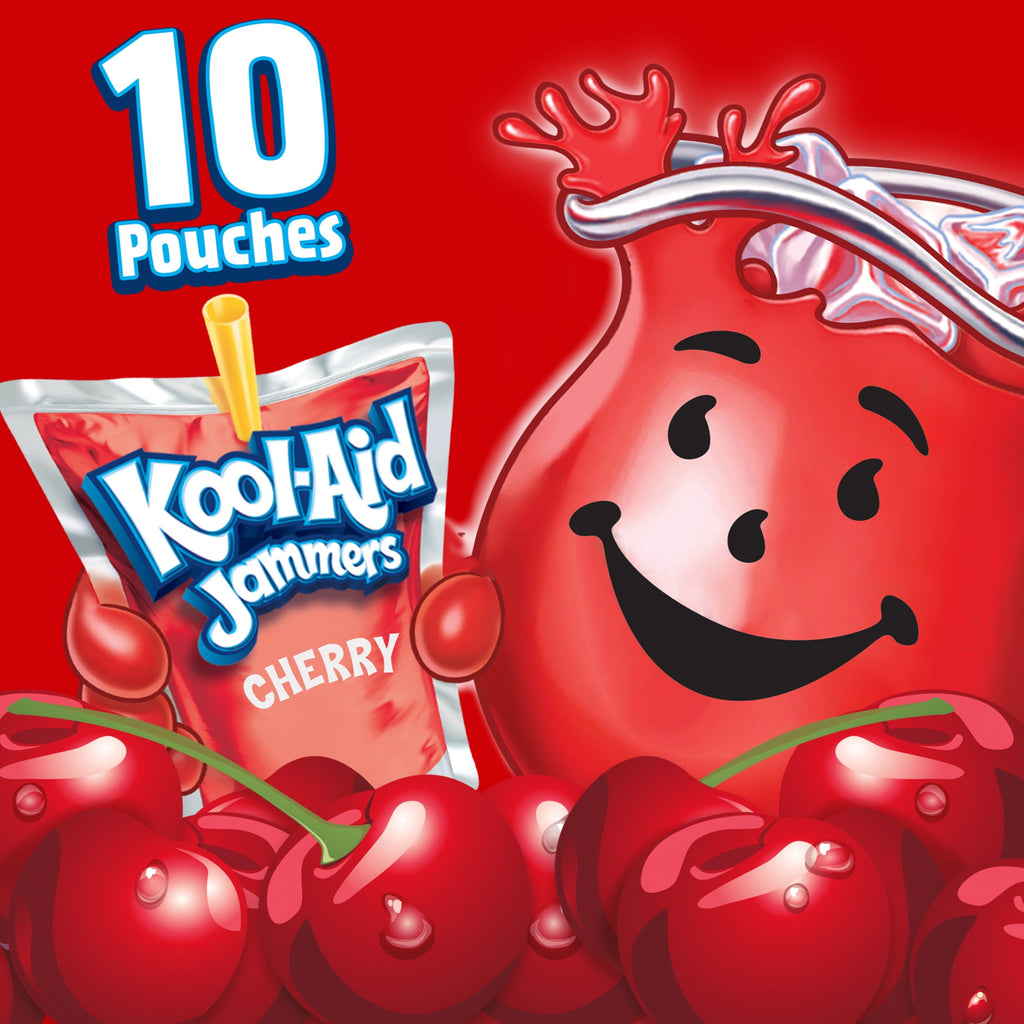 Kool-Aid Jammers Artificially Flavored Drink, 10 Pouches, for School Lunches and On-the-Go Hydration, Cherry Flavor, Excellent Source of Vitamin C, 6 fl oz