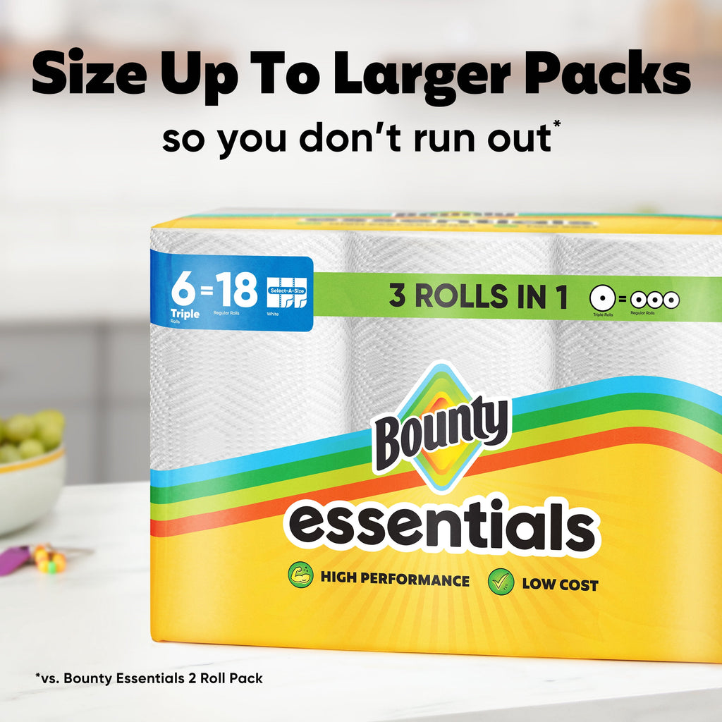 Bounty Essentials Paper Towels Select-A-Size 6 Double Rolls, White, 108 Sheets Per Roll