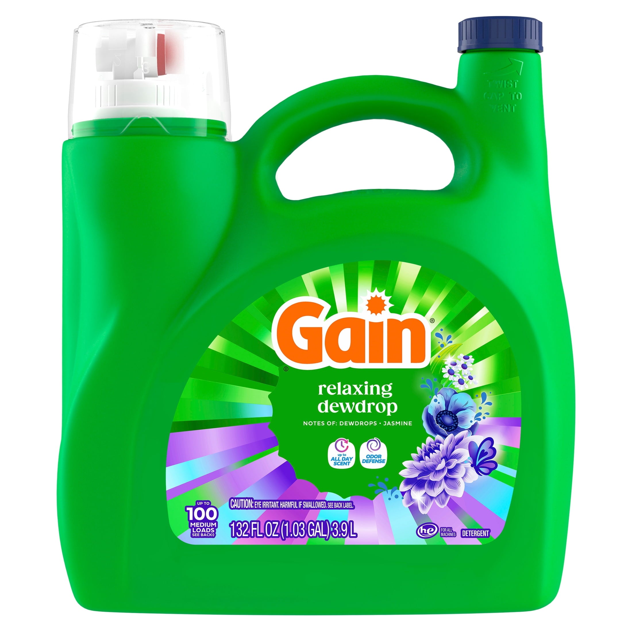 Gain Laundry Detergent Liquid, Now with Odor Defense, Relaxing Dewdrop Scent, 132 fl oz, 100 Loads