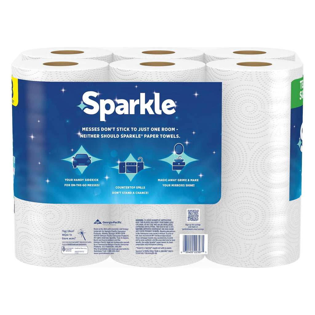 Sparkle Tear-A-Square Paper Towels, 3 Triple Rolls, 165 Sheets per Roll
