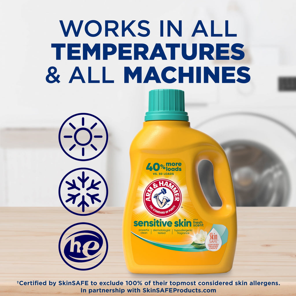 ARM & HAMMER Sensitive Skin Liquid Laundry Detergent Soap, Fresh Scent, 105 fl oz, 105 Loads