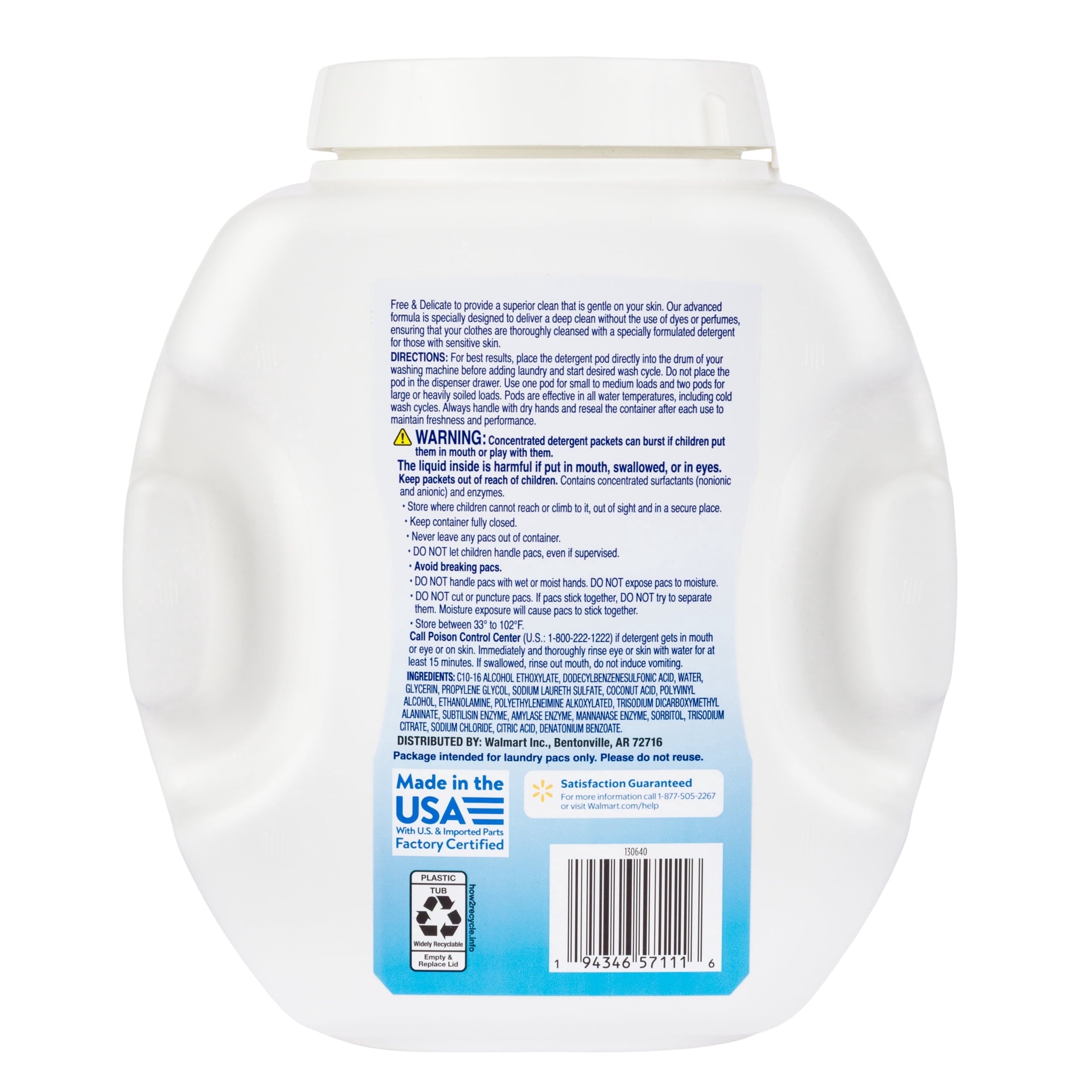Great Value Free & Delicate Ultra Laundry Detergent Pods, Unscented, 102 Count