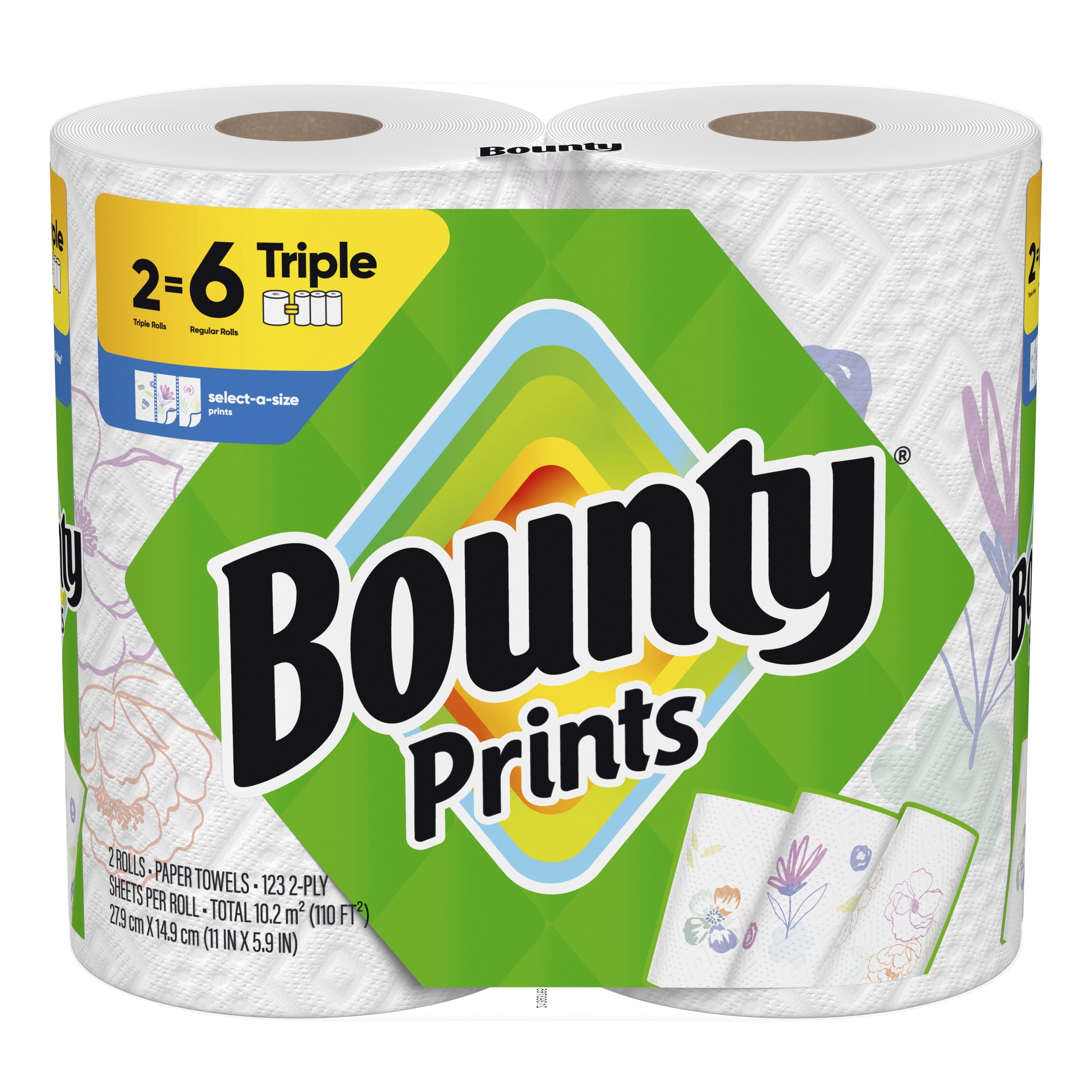 Bounty Paper Towels Select-A-Size Print, 2 Triple Rolls, 123 Sheets per Roll