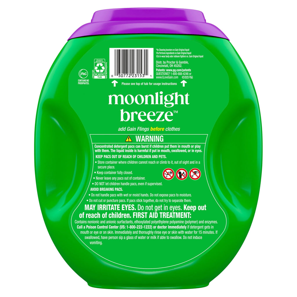 Gain Plus Flings Laundry Detergent Liquid Washing Pacs, Gain's Best All-In-One Clean, Moonlight Breeze Scent, 45 Count