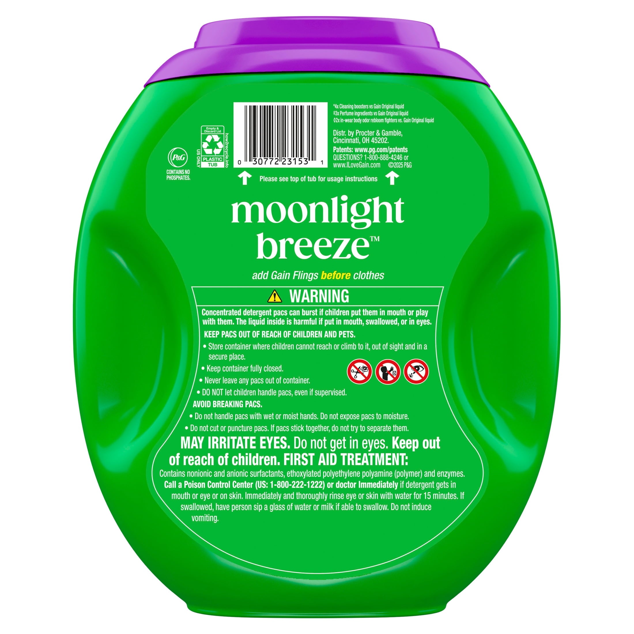 Gain Plus Flings Laundry Detergent Liquid Washing Pacs, Gain's Best All-In-One Clean, Moonlight Breeze Scent, 45 Count