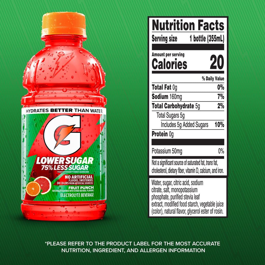 Gatorade Lower Sugar, No Artificials Fruit Punch Flavored Electrolyte Sports Drink, 12 fl oz Bottle, (12 pack), 75% Less Sugar, Hydration