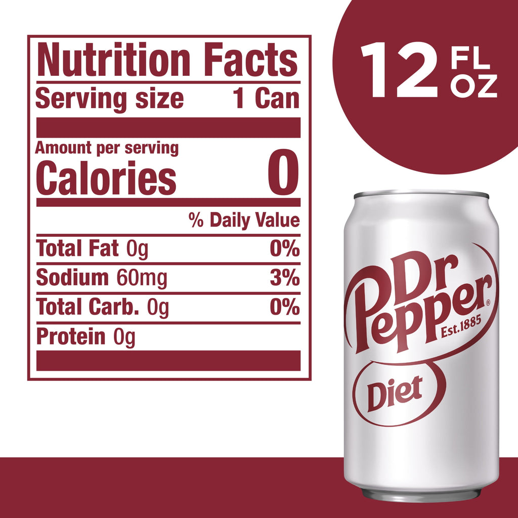Diet Dr Pepper Soda Pop, 12 fl oz cans, 18 pack