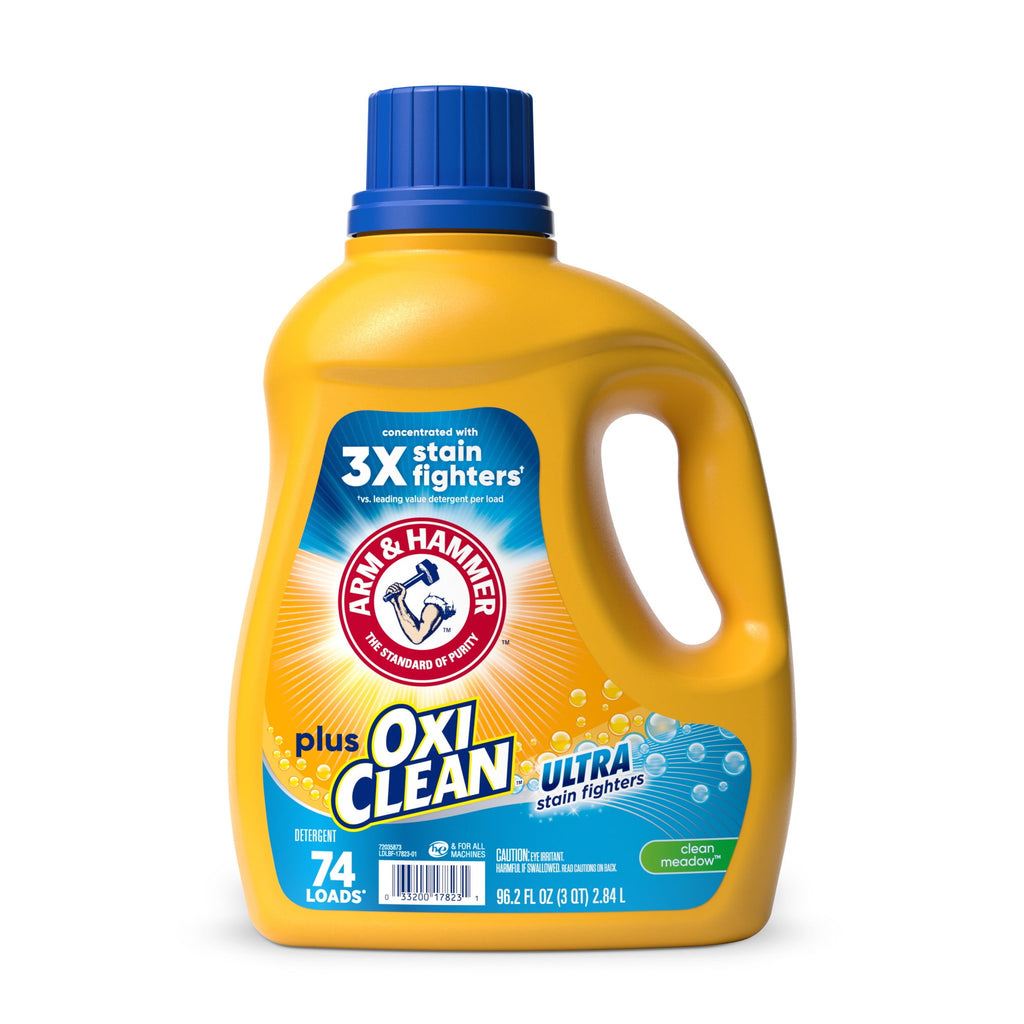 ARM & HAMMER Plus OxiClean Ultra Stain Fighters Liquid Laundry Detergent, Stain Remover for Clothes, Clean Meadow, 74 Loads, 96.2 fl oz