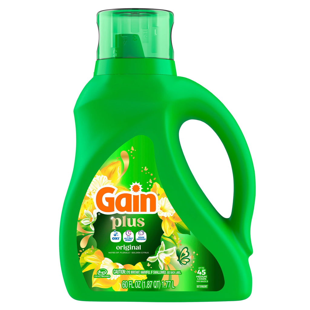 Gain Plus Laundry Detergent Liquid, Now with Odor Defense + OXI, Original Scent, 60 fl oz, 45 Loads
