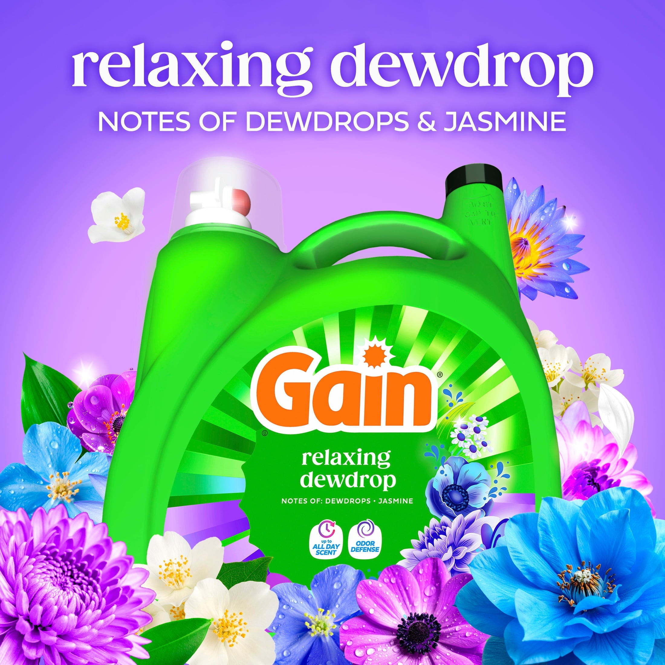 Gain Laundry Detergent Liquid, Now with Odor Defense, Relaxing Dewdrop Scent, 132 fl oz, 100 Loads