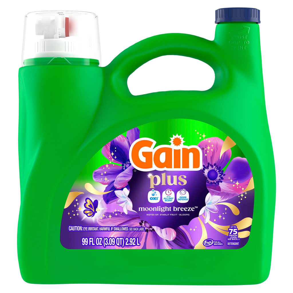 Gain Plus Liquid Laundry Detergent, Now with Odor Defense + OXI, Moonlight Breeze Scent, 99 fl oz, 75 Loads