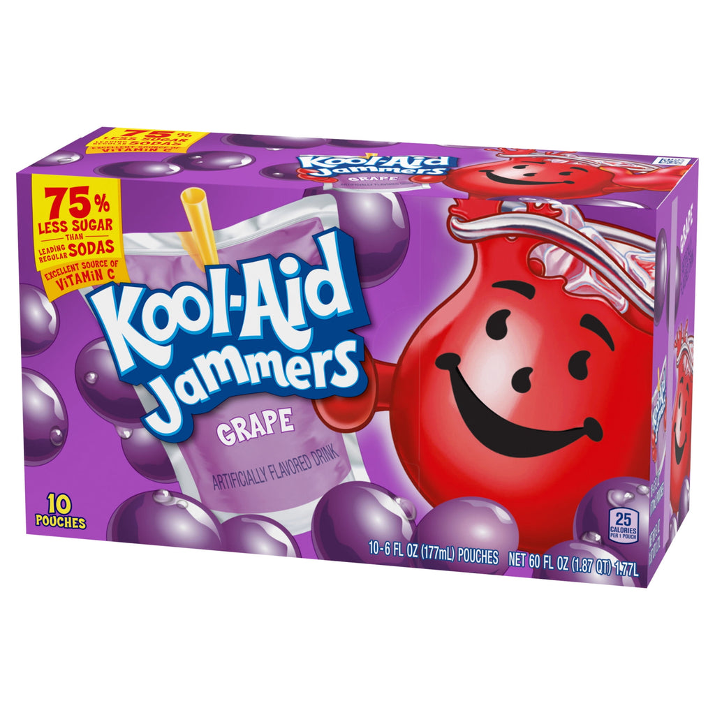 Kool-Aid Jammers Artificially Flavored Drink, 10 Pouches, for School Lunches and On-the-Go Hydration, Grape Flavor, Excellent Source of Vitamin C, 6 fl oz