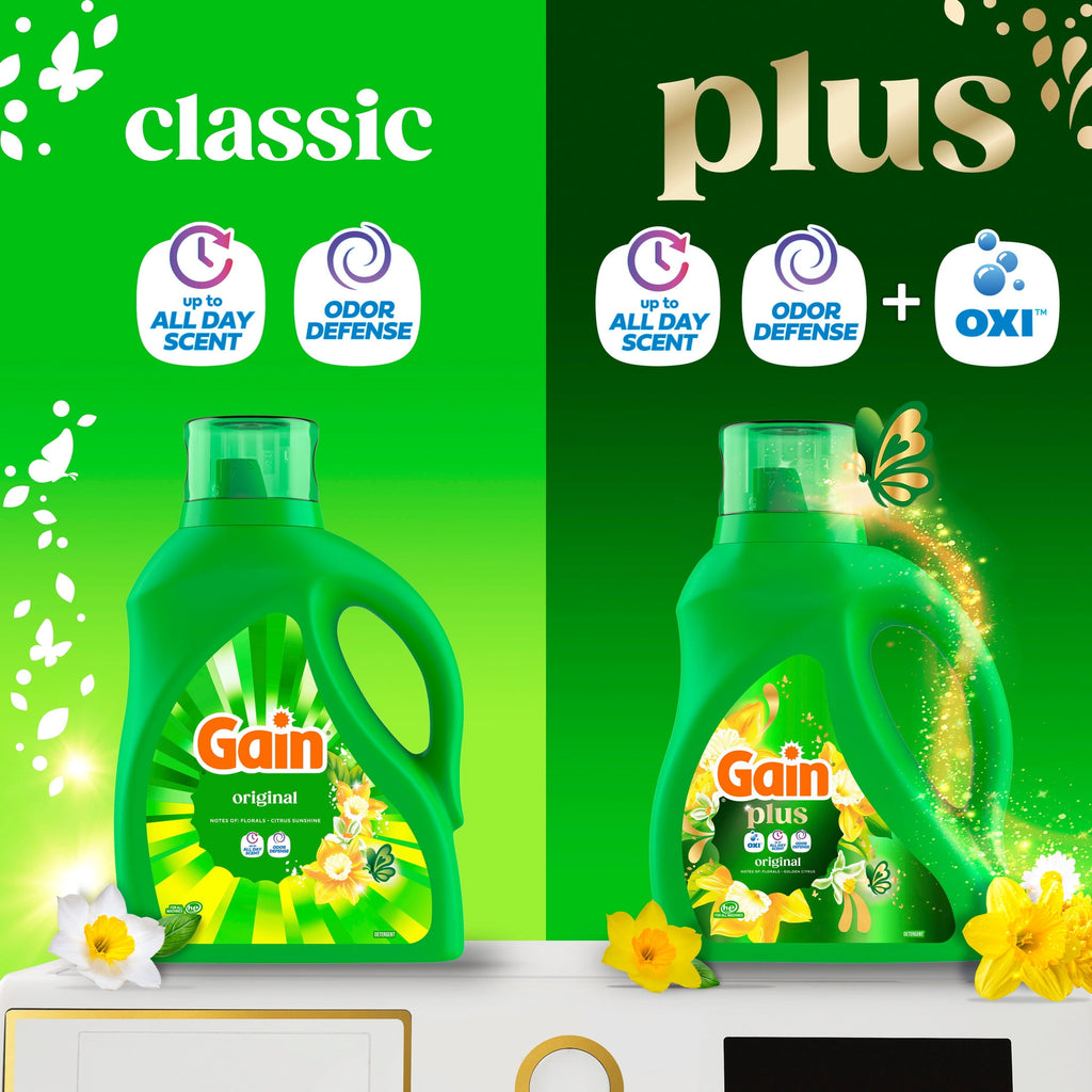 Gain Plus Laundry Detergent Liquid, Now with Odor Defense + OXI, Original Scent, 60 fl oz, 45 Loads