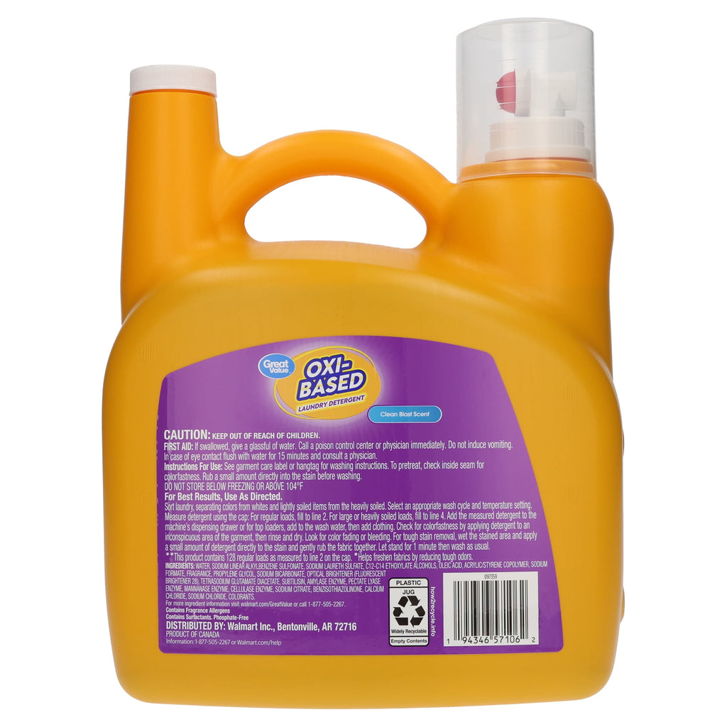 Great Value Oxi-Based Laundry Detergent, Clean Blast, 166.5 fl oz, 128 Loads