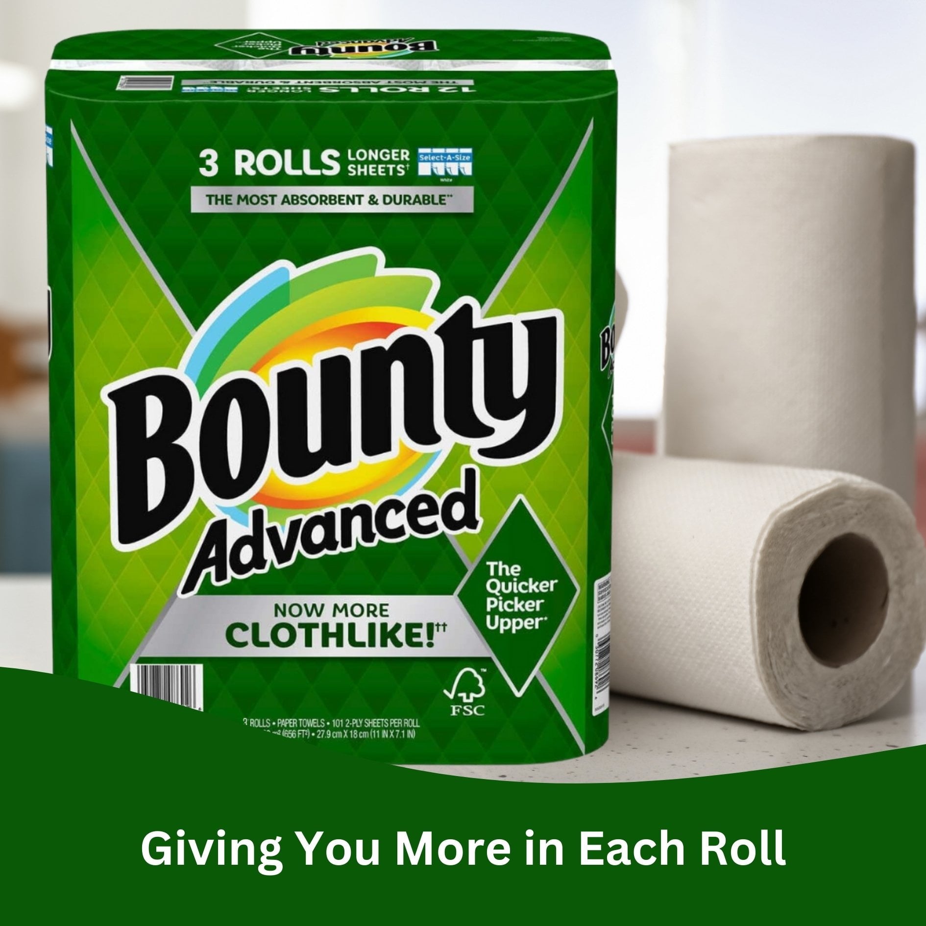 Bounty Advanced 2-Ply Paper Towel - Absorbent, Durable, and Clothlike - Select-A-Size - 3 Rolls