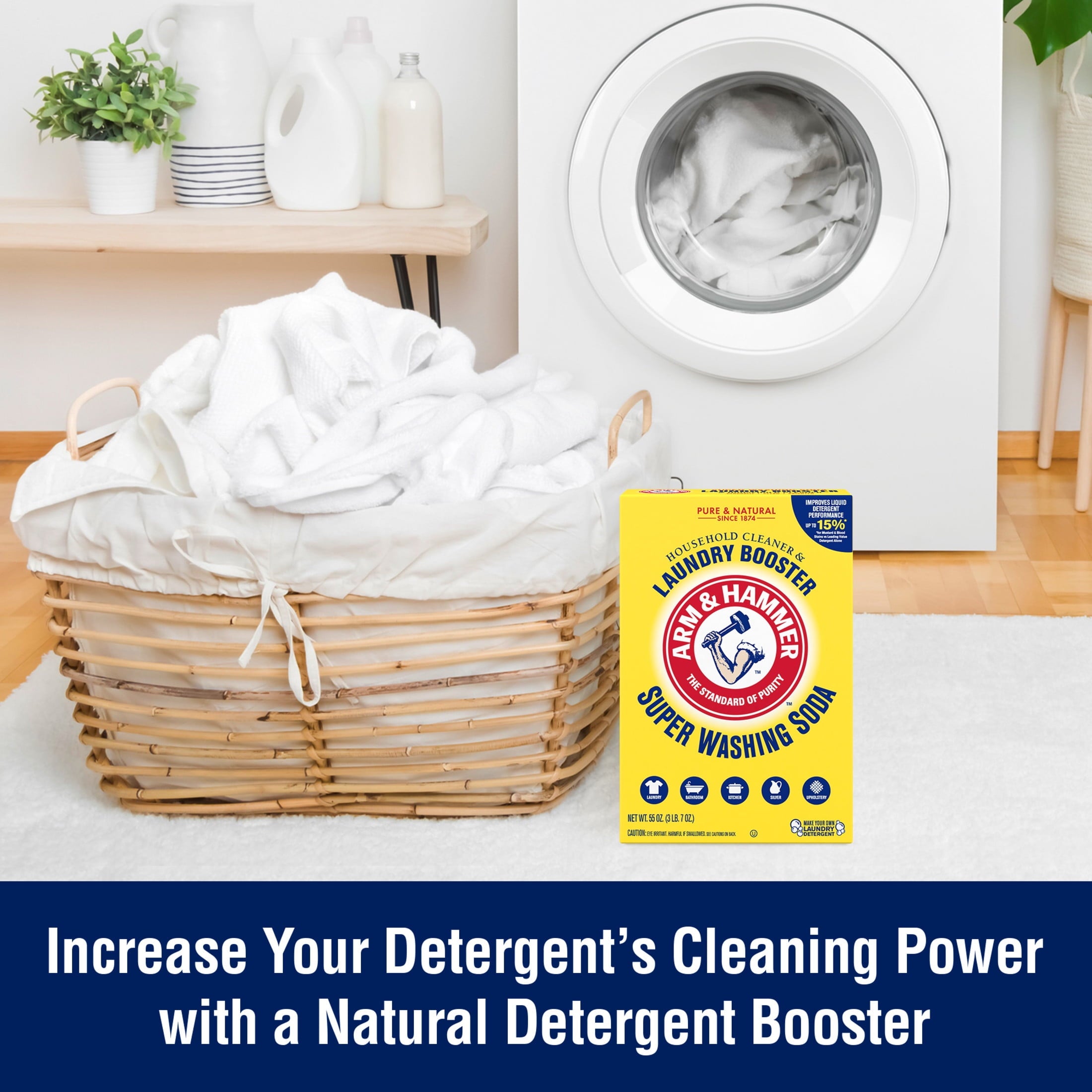 ARM & HAMMER Super Washing Soda Powder Laundry Detergent Booster & Household Cleaner, 55 oz