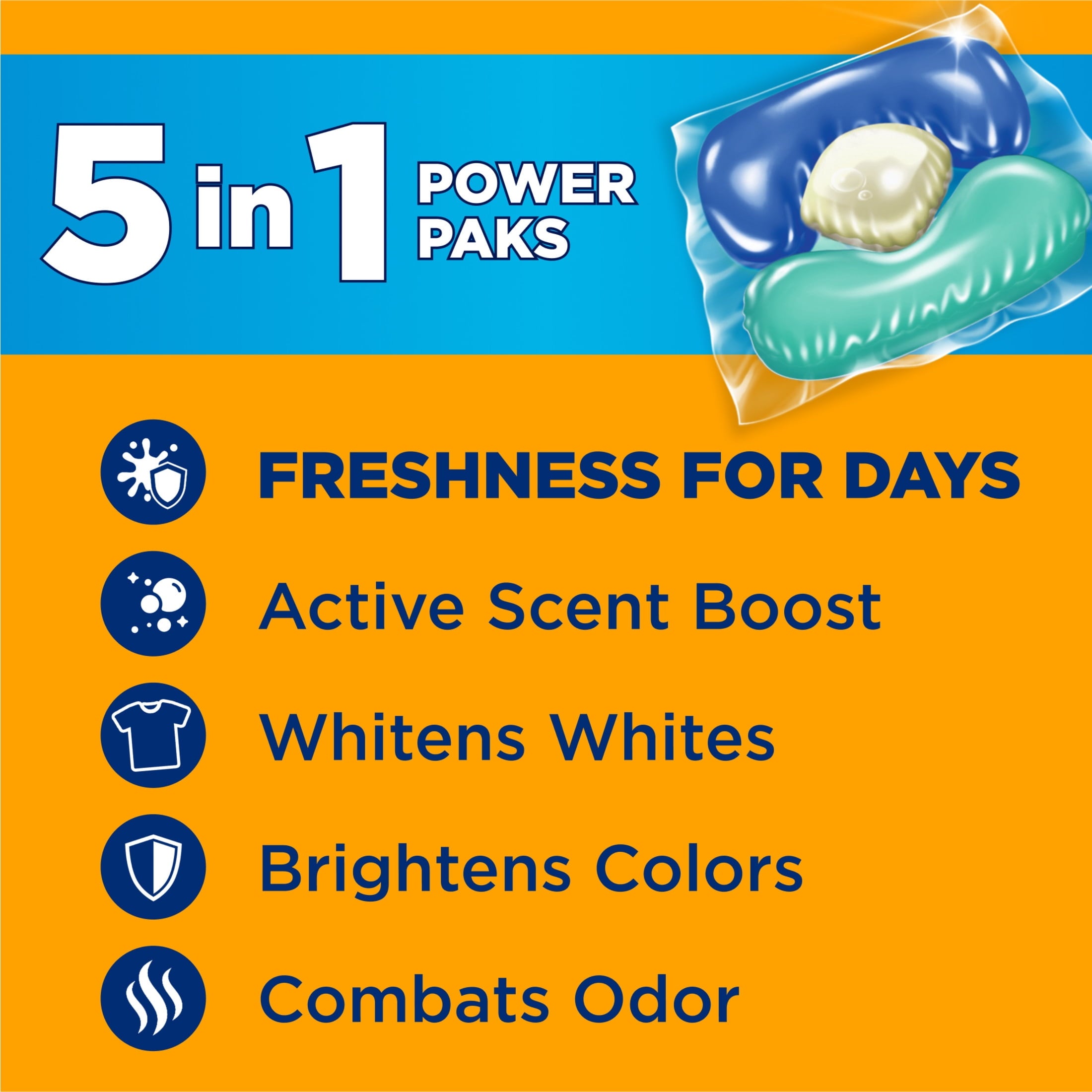ARM & HAMMER Clean Burst 5-in-1 Laundry Detergent Power Paks, Powerfully Clean, Clean Burst Scent, 42 Count